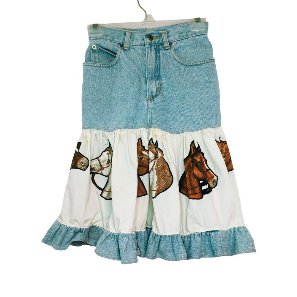 The Limited Upcycled Girls Denim & Cotton Skirt Horse Print Ruffle Hem Size 12